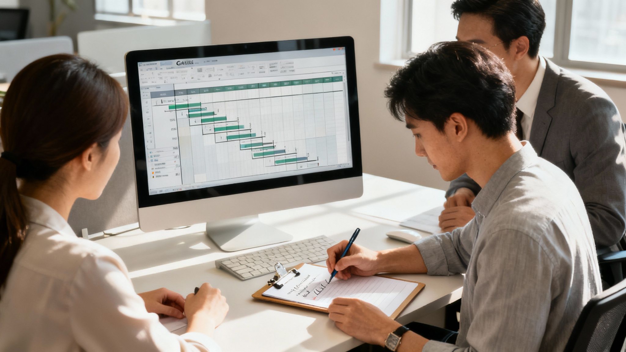 A team collaborating and working on computers, bringing a project plan to life.