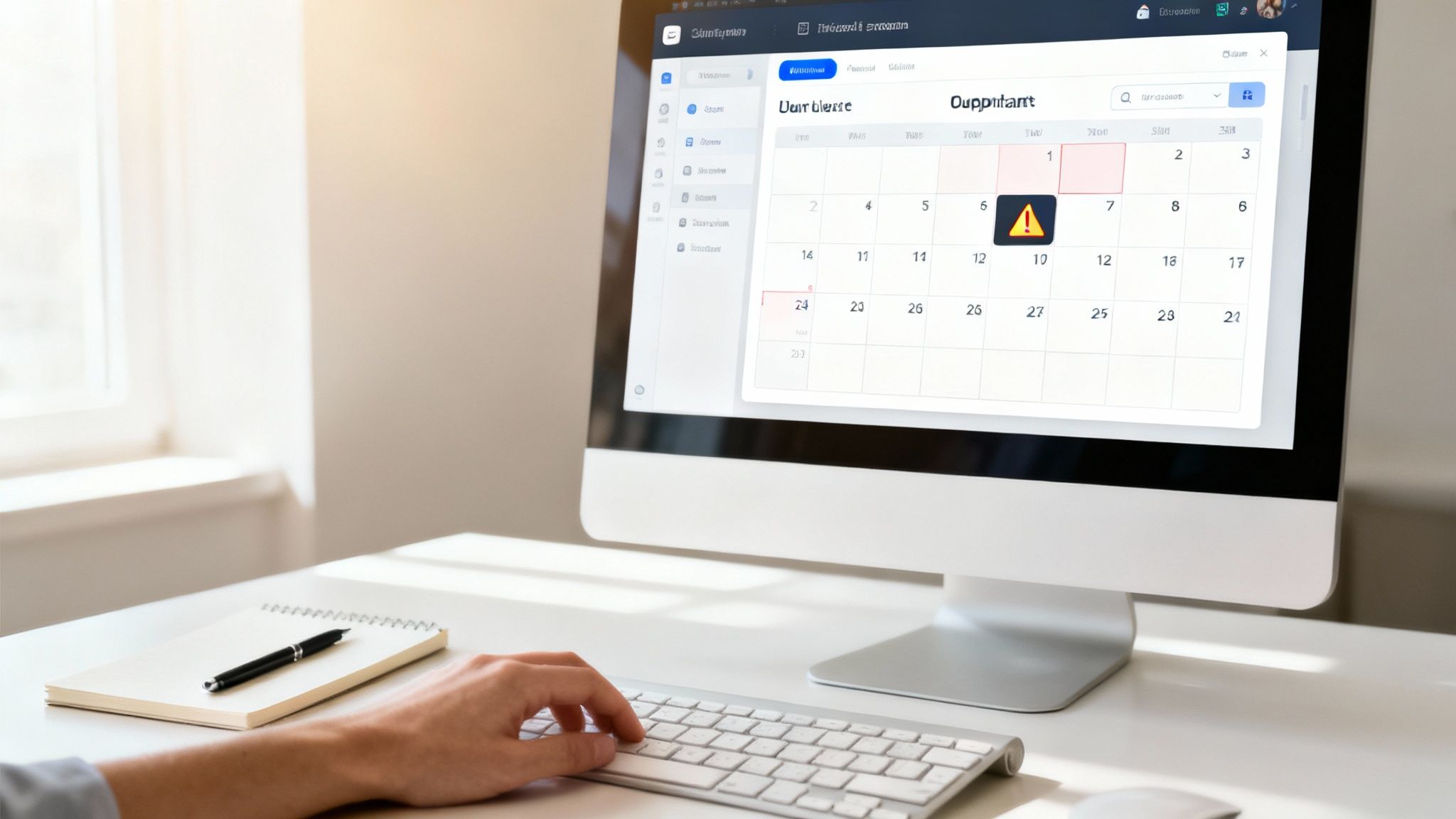 A person looking at a computer screen with a frustrated expression, representing calendar sync issues.