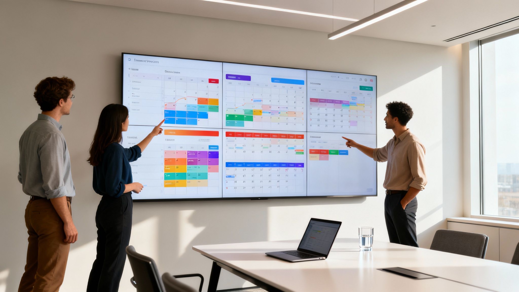 Three colleagues collaborate in a modern office, pointing at a large multi-screen calendar display.