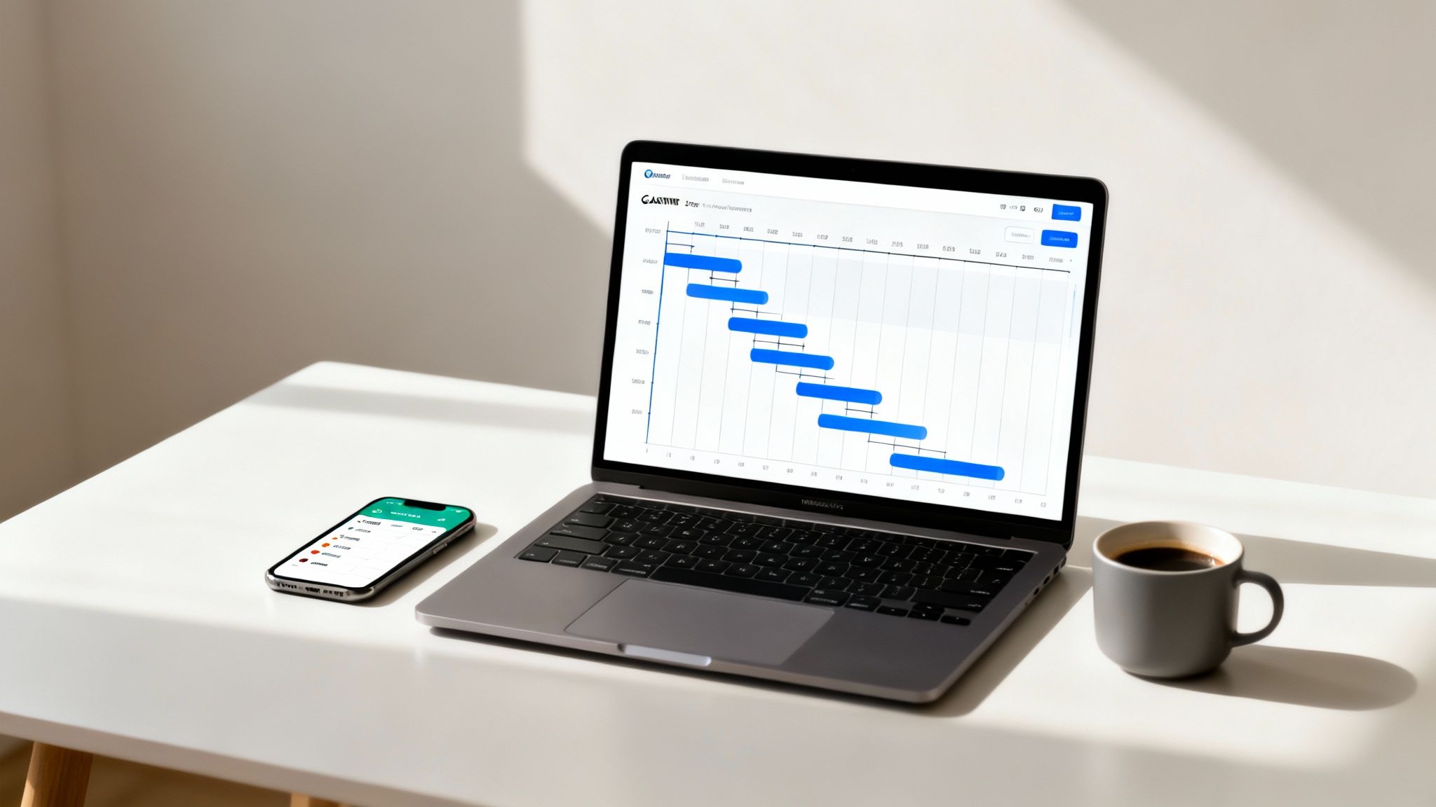 A bright workspace with a laptop displaying a Gantt chart, a smartphone, and a coffee mug on a white desk.