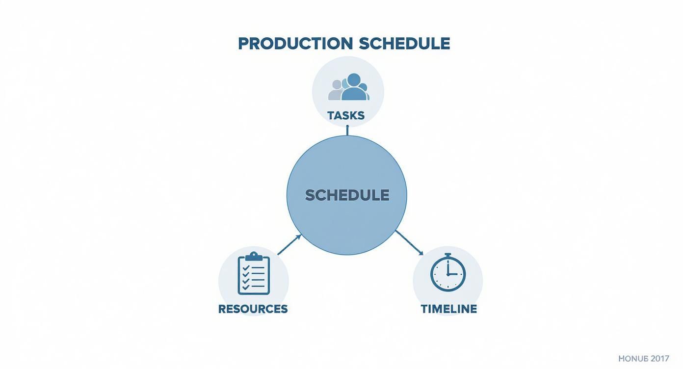 A diagram illustrating the key components of a production schedule: tasks, resources, and timeline.