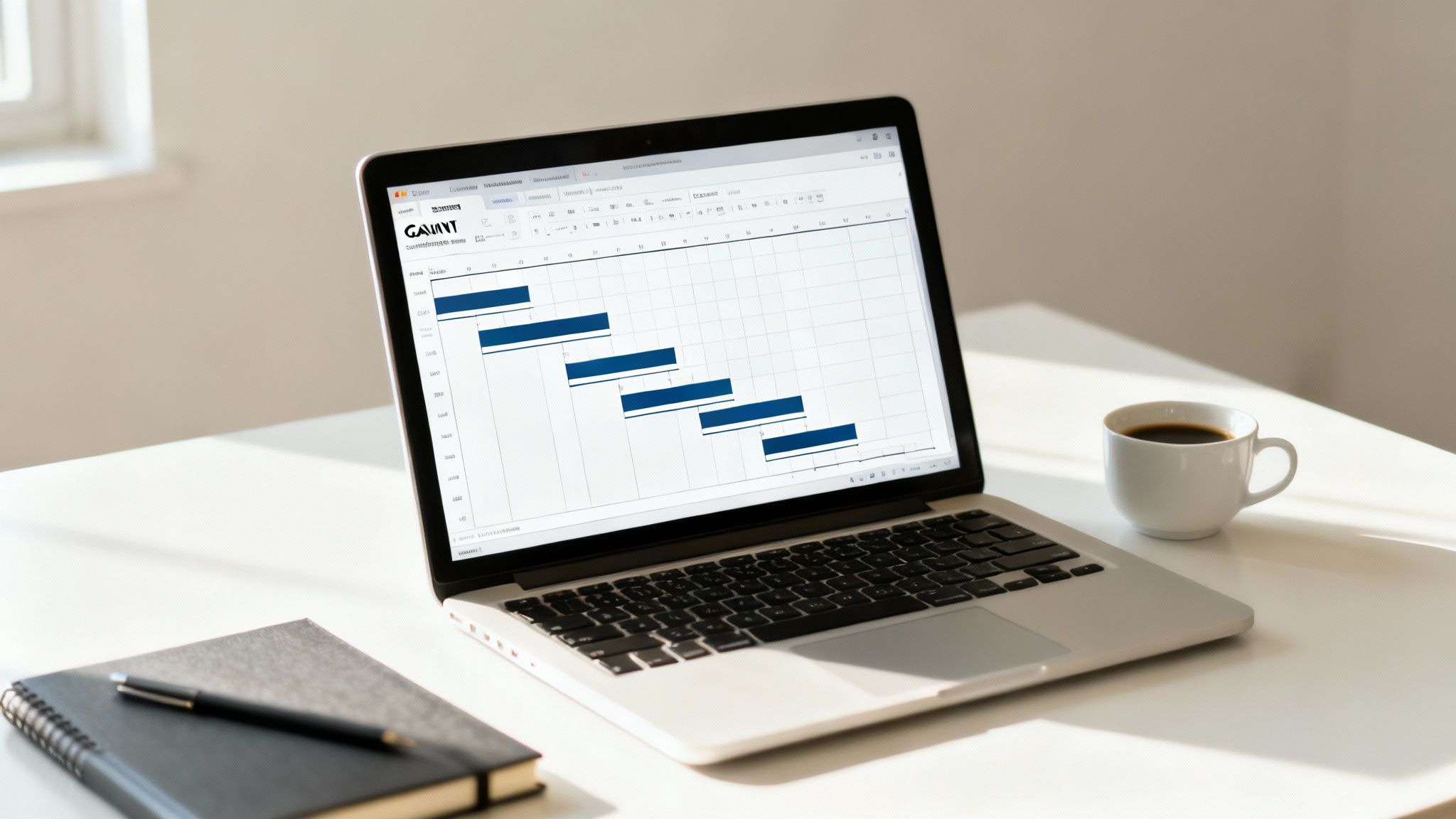 A laptop displays a Gantt chart for project planning, next to a coffee cup and notebook.