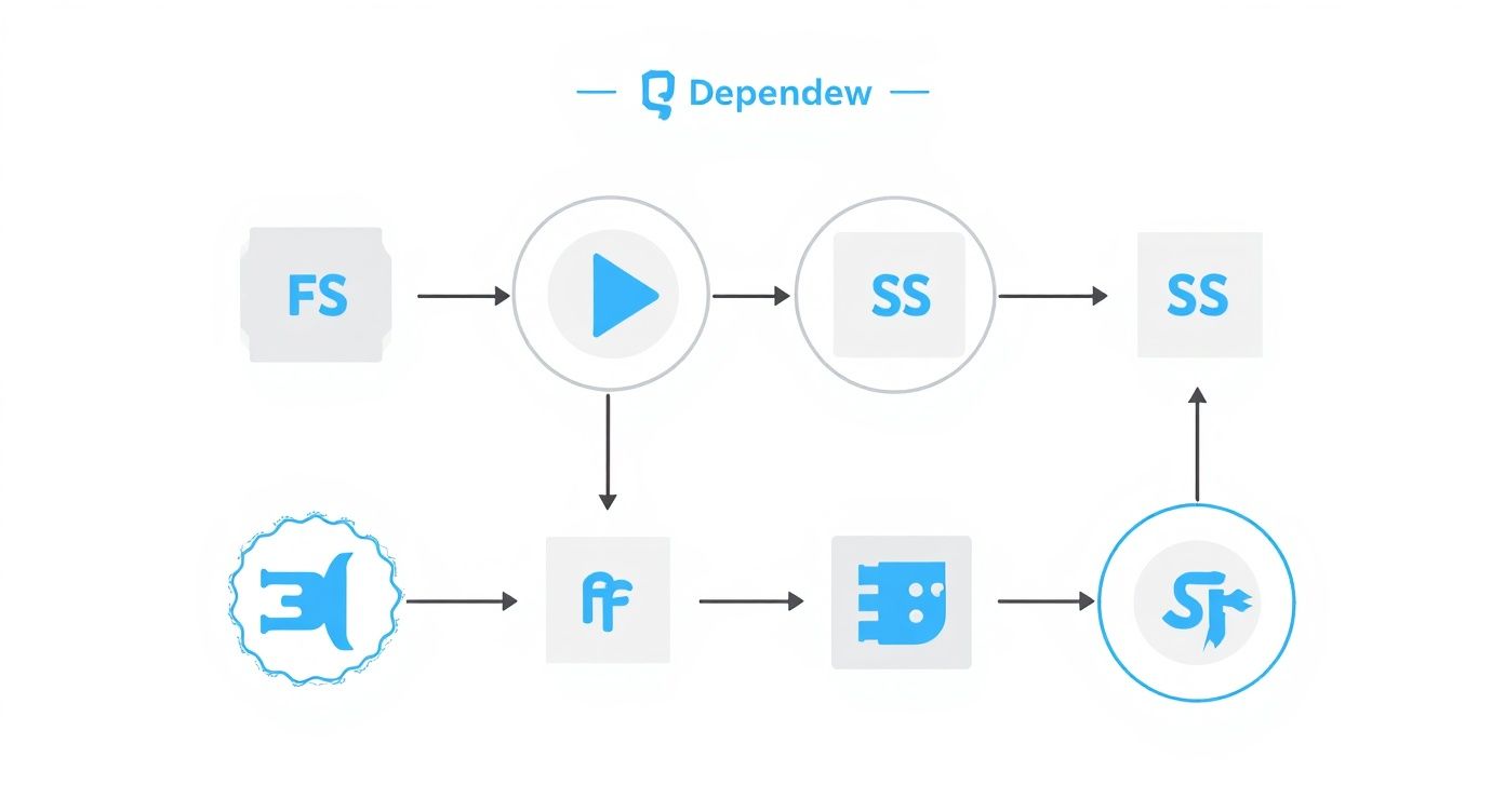 A Dependew system diagram illustrating a multi-step process flow with various interconnected components and icons.