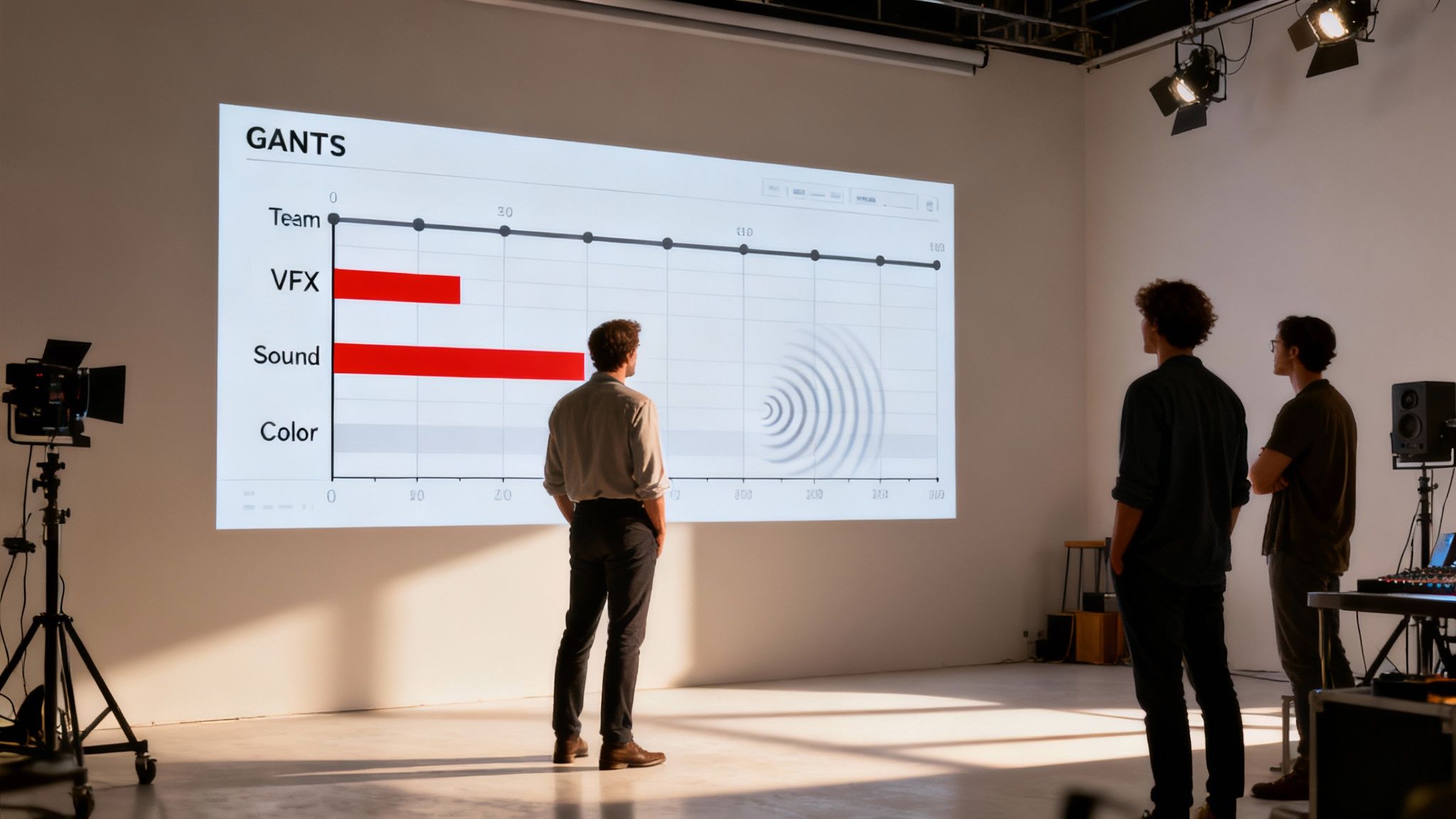 A team collaborating around a project plan on a screen