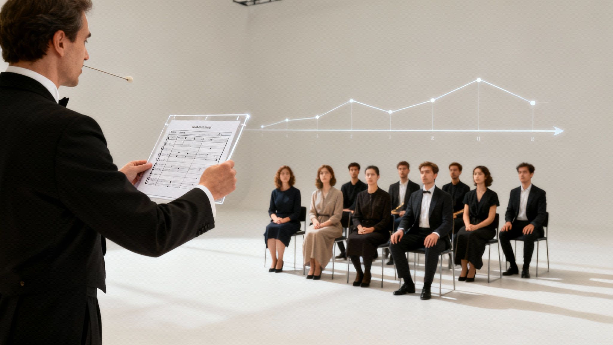 Business presenter showing production schedule chart to professional audience in modern meeting room