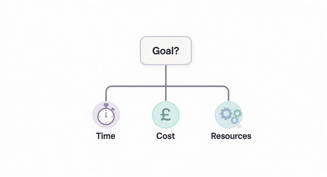 Production scheduling diagram showing goal connected to three constraints: time, cost, and resources