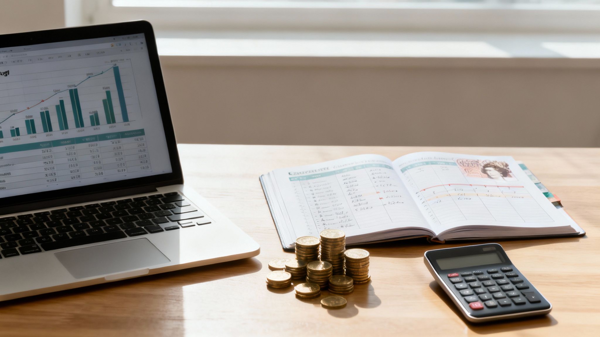 A person working on a laptop with financial charts and graphs displayed on the screen