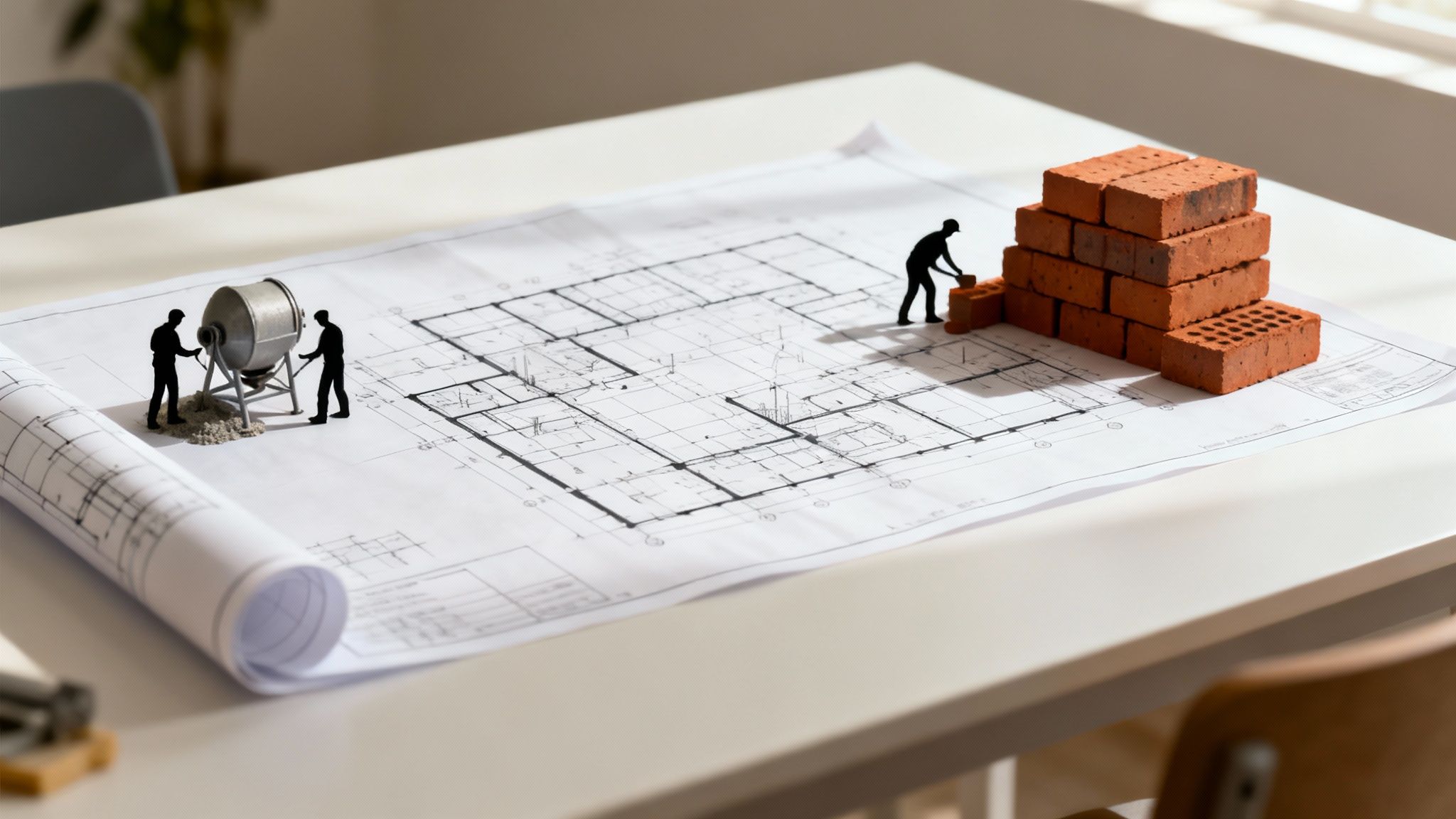 A team collaborating around a table with laptops and documents, planning a project.