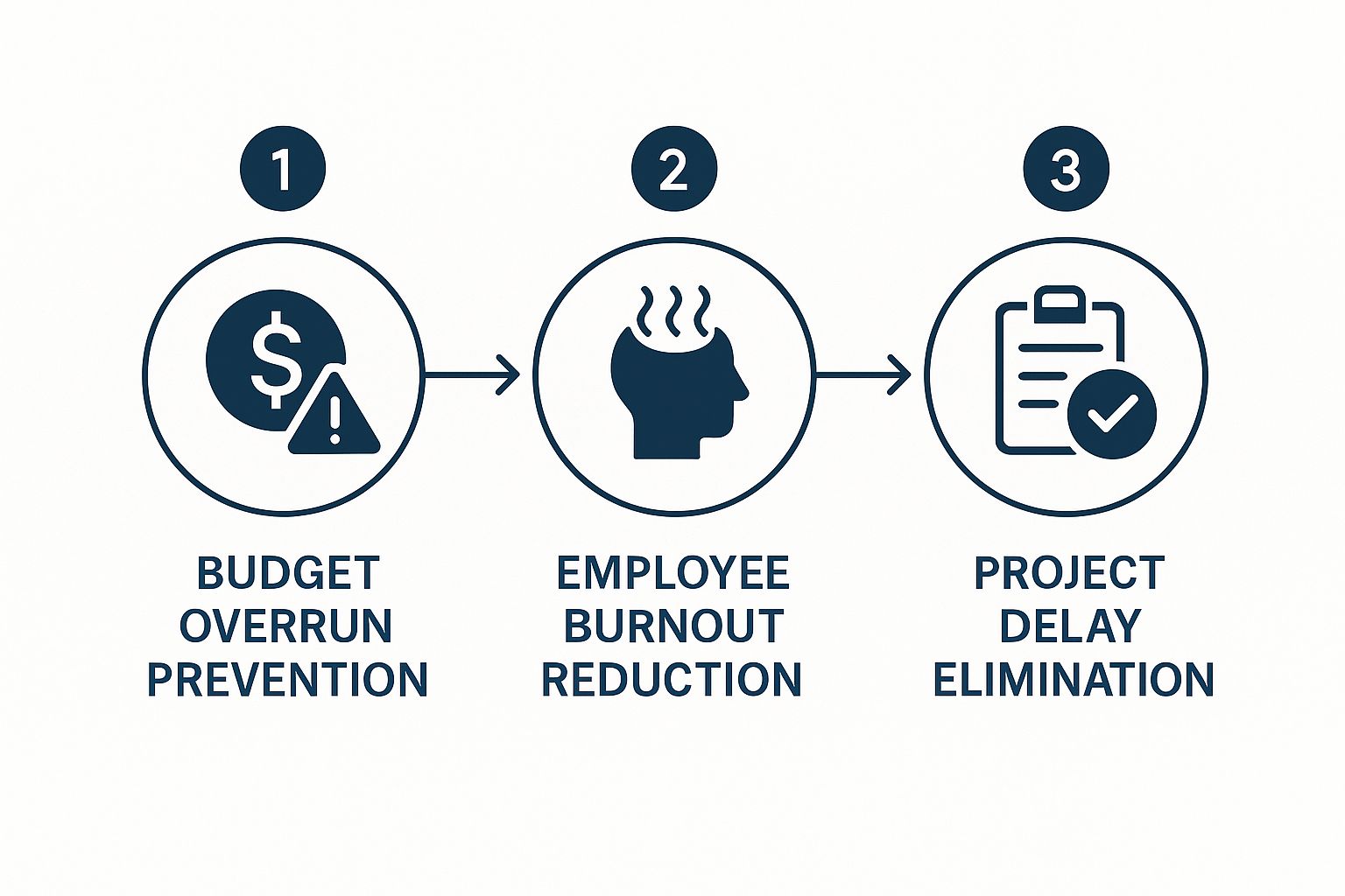 Infographic showing the process flow of preventing budget overruns, reducing employee burnout, and eliminating project delays.