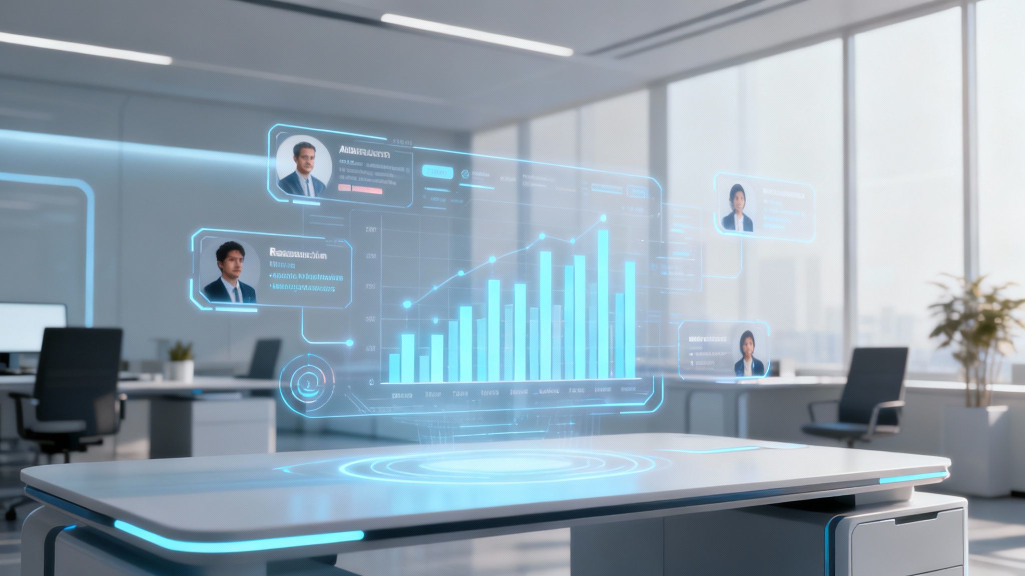 A futuristic interface showing AI-driven resource allocation and predictive analytics.