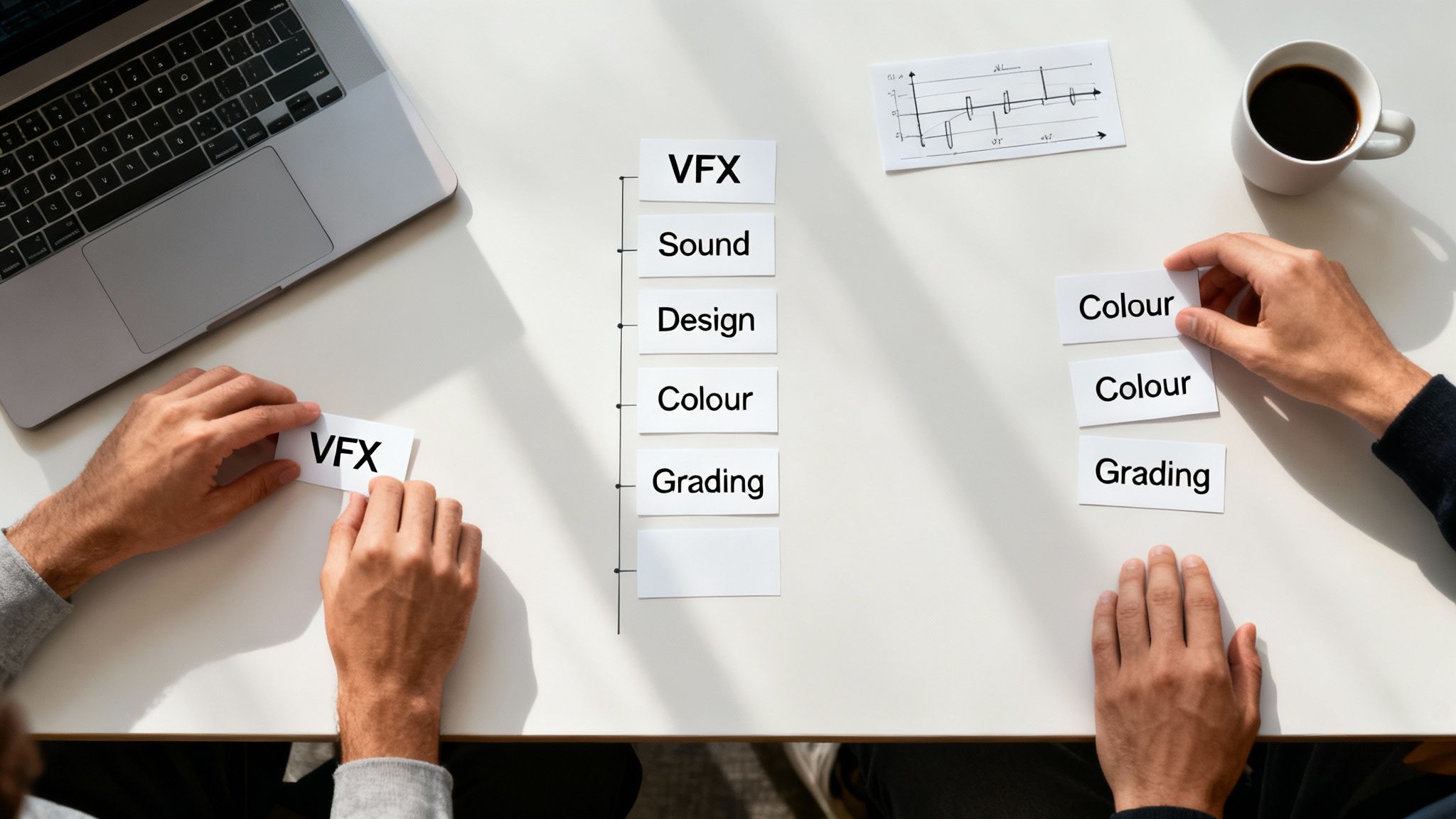 Overhead view of hands arranging cards with workflow steps like VFX, Sound, Colour, and Grading on a white table.