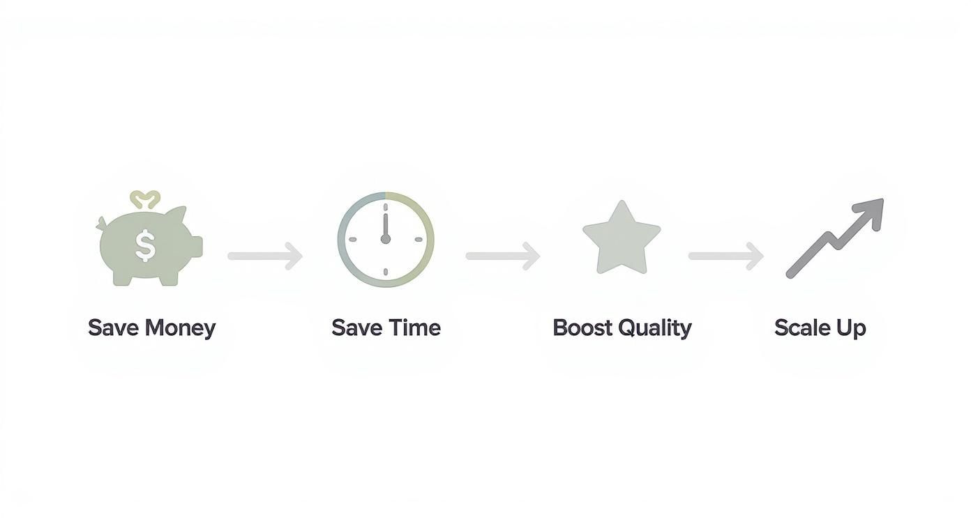 An infographic showing the four key benefits of workflow automation for creative studios Save Money, Save Time, Boost Quality, and Scale Up.