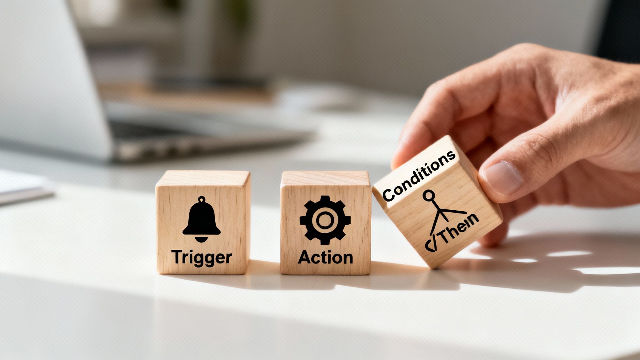 Three connected building blocks representing workflow automation components.