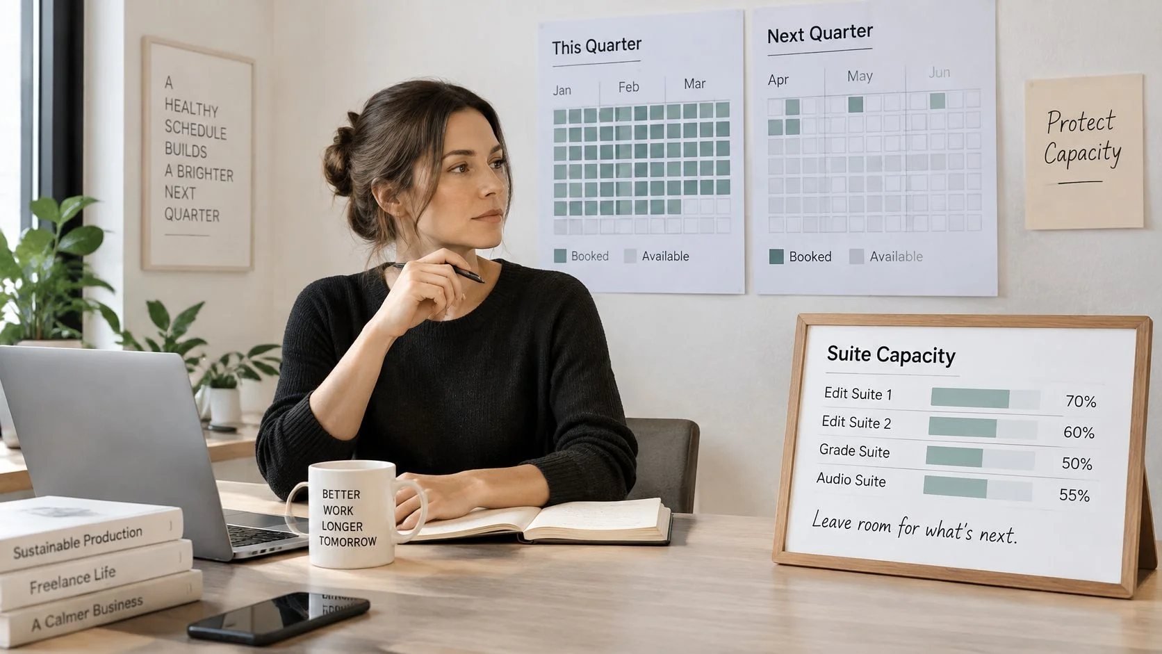 A professional woman planning studio production schedules and suite capacity in a clean, modern workspace environment.